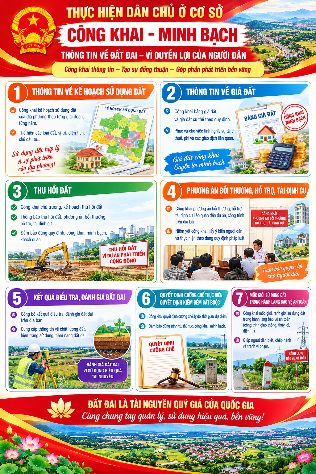 Thông tin về kế hoạch sử dụng đất; giá đất; thu hồi đất; phương án bồi thường, hỗ trợ, tái định cư liên quan đến dự án, công trình trên địa bàn; kết quả điều tra, đánh giá đất đai; quyết định cưỡng chế thực hiện quyết định kiểm đếm bắt buộc; mốc giới sử dụng đất trong hành lang bảo vệ an toàn.