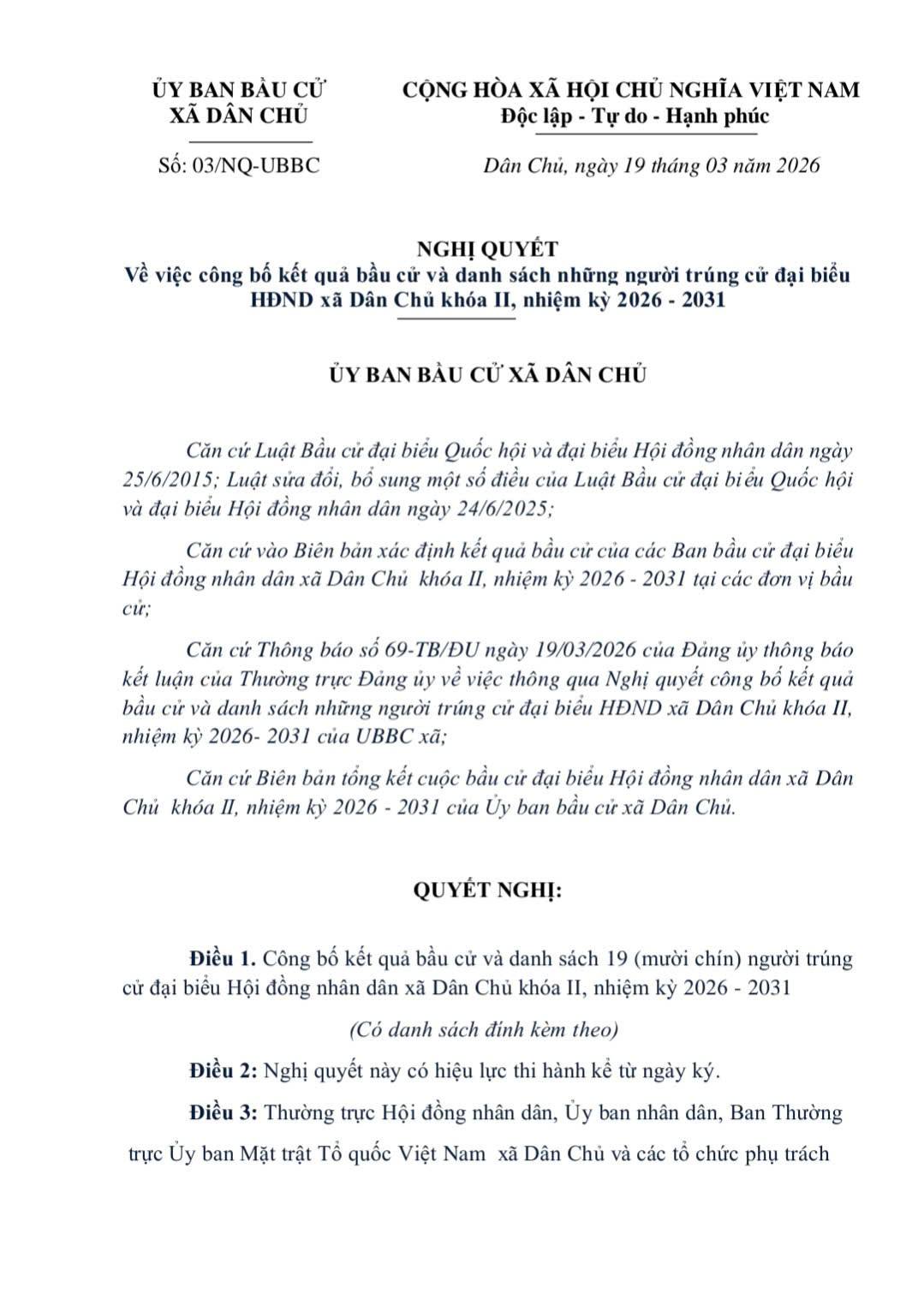 Ủy ban bầu cử xã Dân Chủ trân trọng thông báo Nghị quyết về việc công bố kết quả bầu cử và danh sách những người trúng cử đại biểu HĐND xã Dân Chủ khóa II, nhiệm kỳ 2026 - 2031