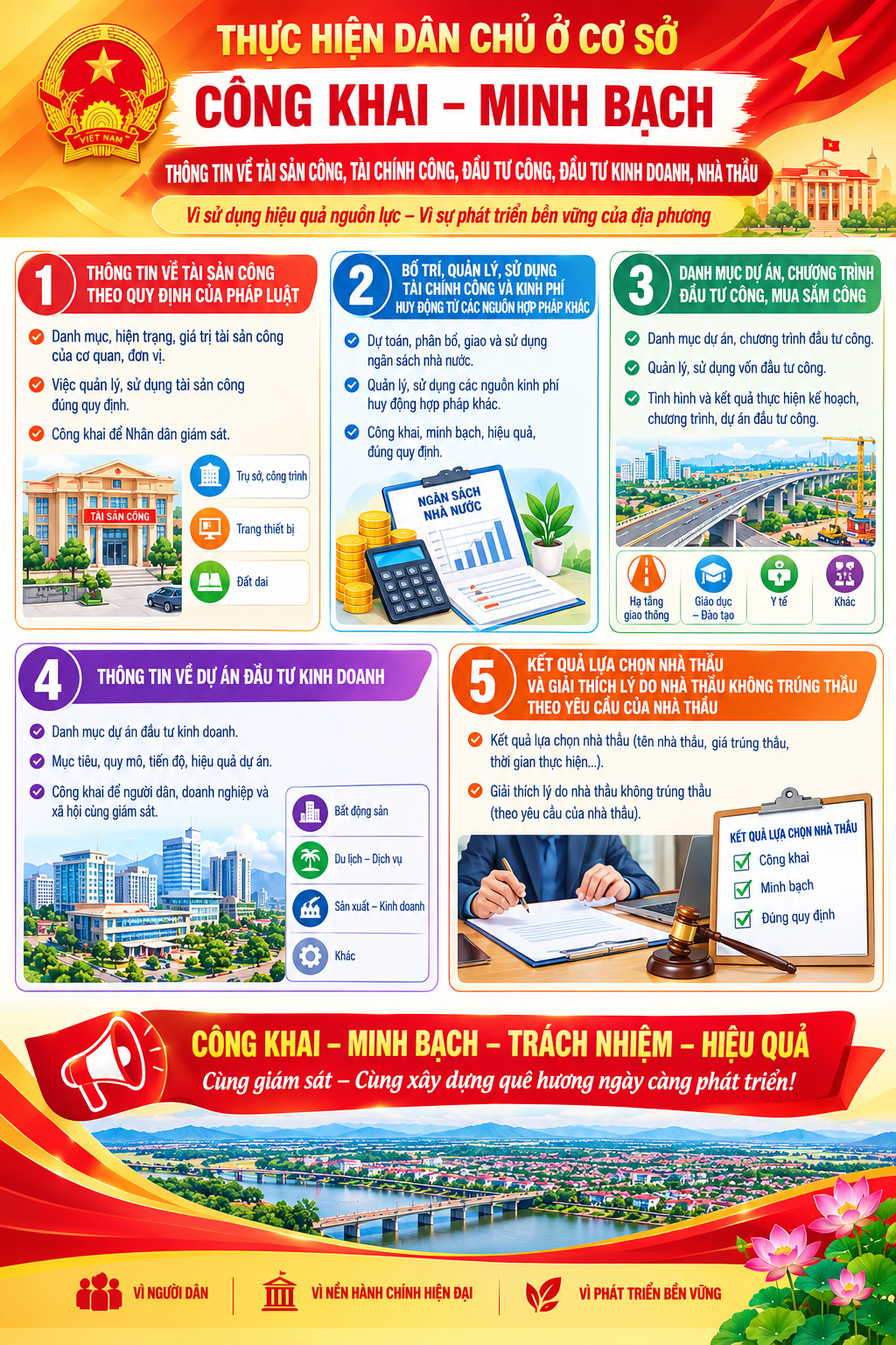 Thông tin về tài sản công theo quy định của pháp luật; việc bố trí, quản lý, sử dụng tài chính công hoặc kinh phí huy động từ các nguồn hợp pháp khác; danh mục dự án, chương trình đầu tư công, mua sắm công và quản lý, sử dụng vốn đầu tư công, tình hình và kết quả thực hiện kế hoạch, chương trình, dự án đầu tư công; thông tin về dự án đầu tư kinh doanh; kết quả lựa chọn nhà thầu và giải thích lý do nhà thầu không trúng thầu theo yêu cầu của nhà thầu.